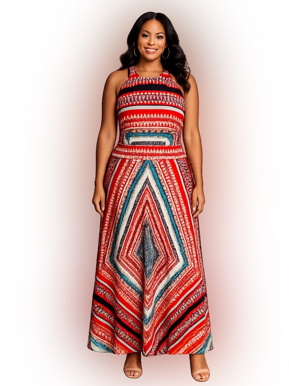 EUC Eliza J SZ 18W Orange/white/pink/green multicolored maxi dress/bust 48”